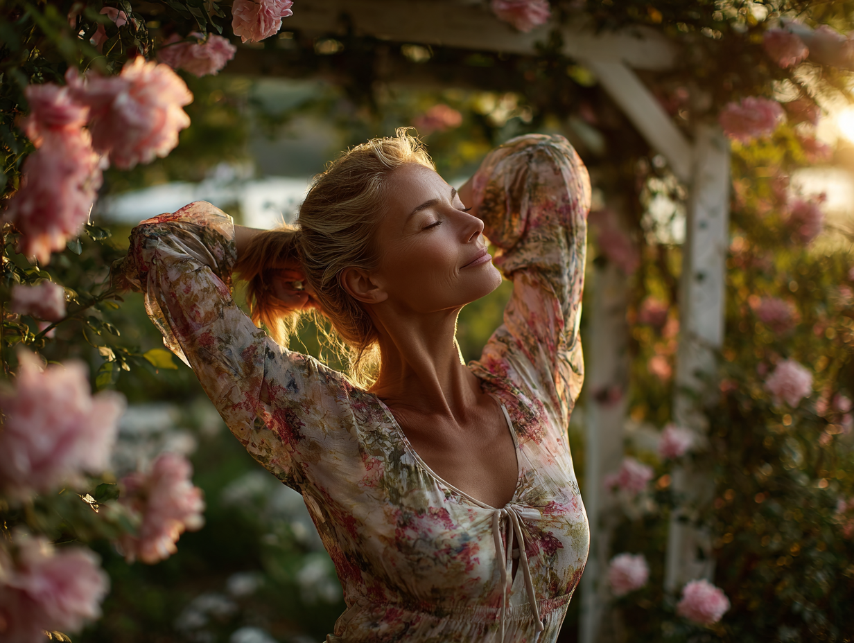 Жінка середнього віку медитує в парку